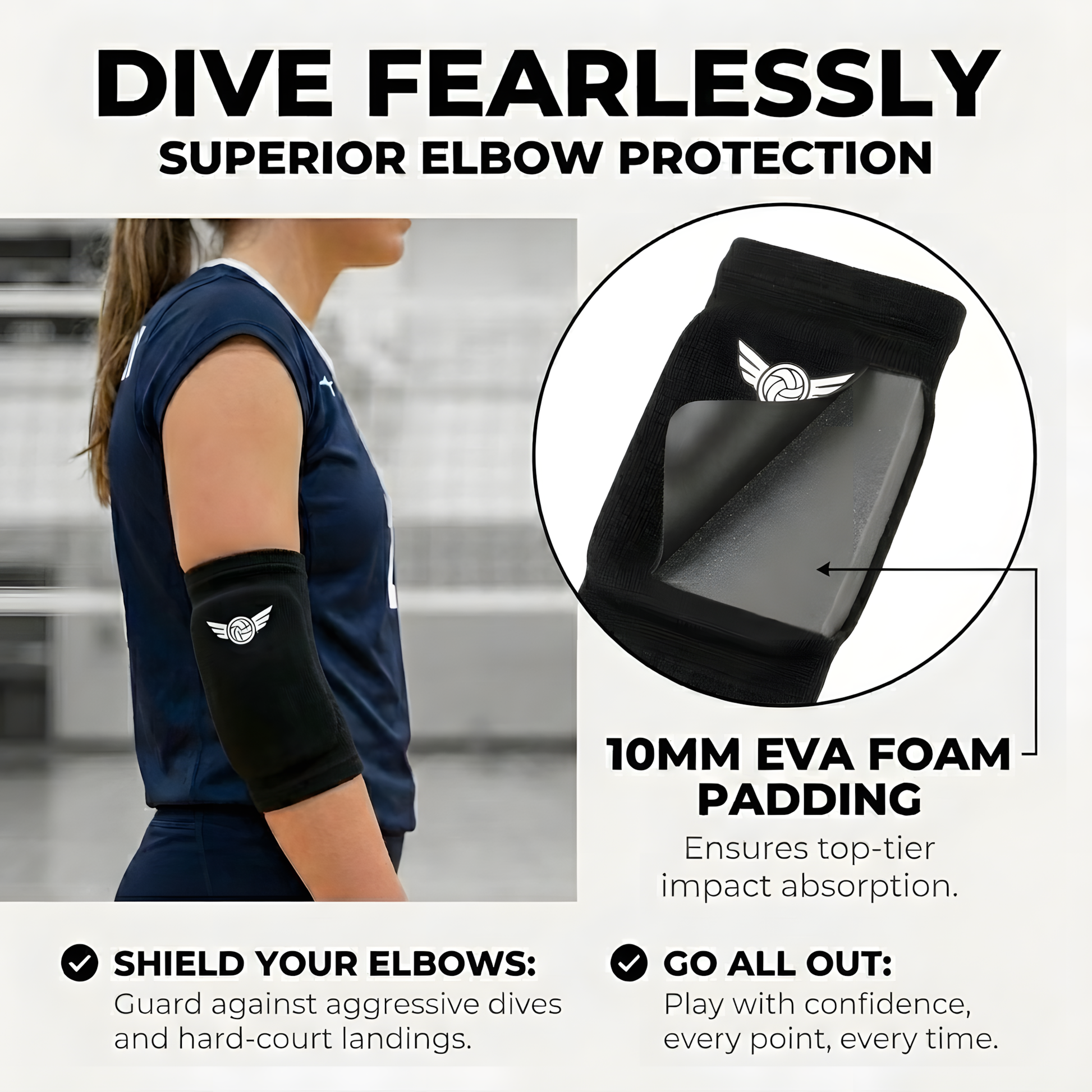 Teen volleyball player diving with B&M elbow pads for protection