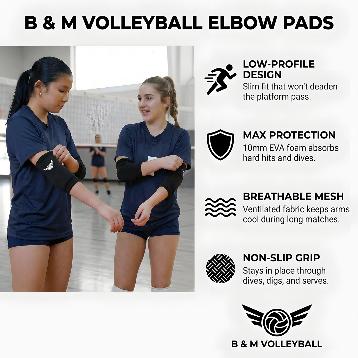 B&M volleyball elbow pads features - 10mm EVA foam, non-slip, machine washable
