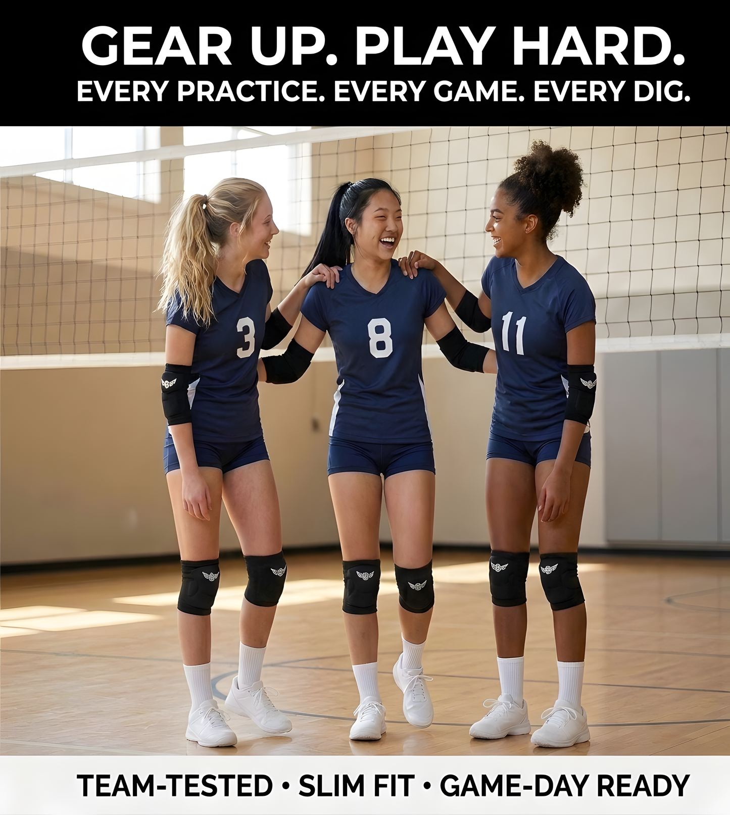 Teen volleyball team wearing B&M low-profile elbow pads