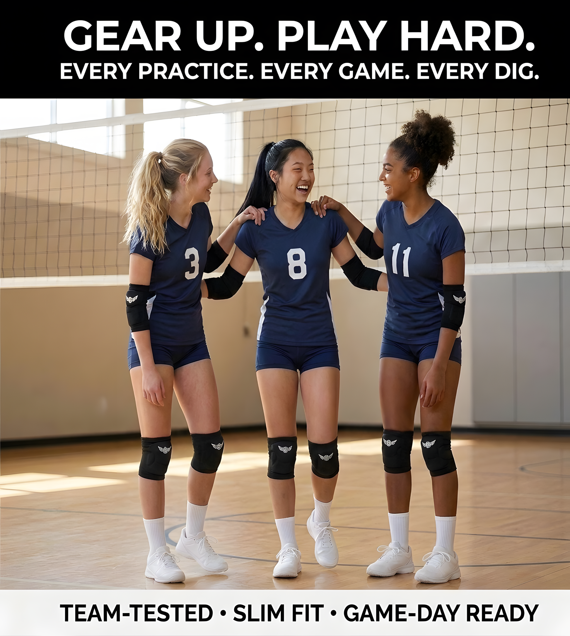 Teen volleyball team wearing B&M low-profile elbow pads
